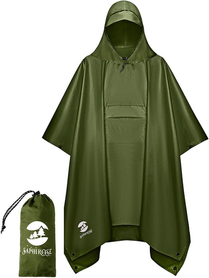 SaphiRose Extra Thick Hooded Rain Poncho Double Layer Waterproof Raincoat Jacket for Men Women Adults