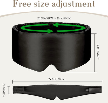 100% Mulberry Silk Sleep Mask Eye Mask for Women Man with Adjustable Band, for Side Sleeper Blackout Sleep Mask for Travel Rest and Office Large Size (Black)