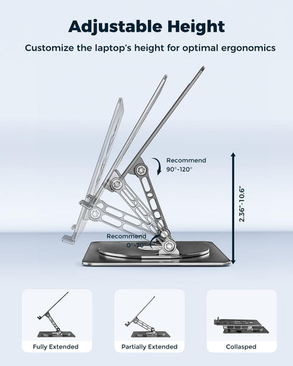 Adjustable Laptop Stand for Desk - Portable Laptop Riser with Rotating Base, Foldable Aluminum Computer Stand, Ergonomic Laptop Holder for MacBook Pro/Air Dell HP Lenovo Notebook up to 15.6", Black