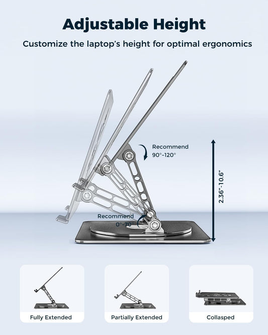 Adjustable Laptop Stand for Desk - Portable Laptop Riser with Rotating Base, Foldable Aluminum Computer Stand, Ergonomic Laptop Holder for MacBook Pro/Air Dell HP Lenovo Notebook up to 15.6", Black