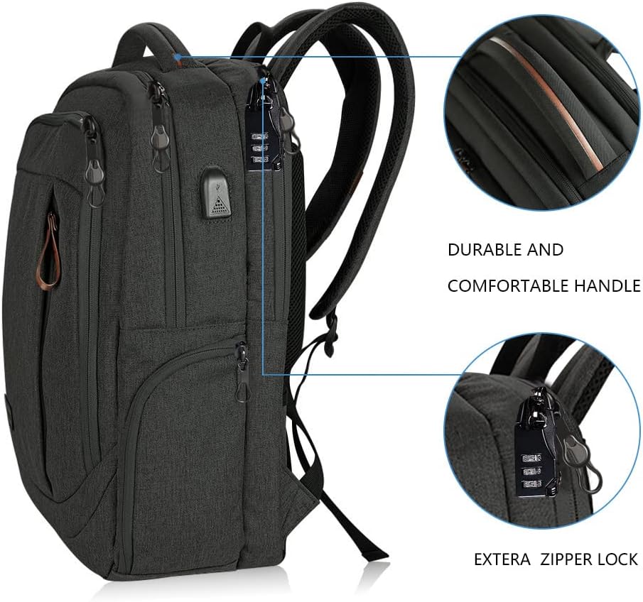 KROSER Laptop Backpack Large Computer Backpack Fits up to 17.3 Inch Laptop with USB Charging Port Water-Repellent Travel Backpack Casual Daypack for Business/College/Women/Men-Charcoal Black