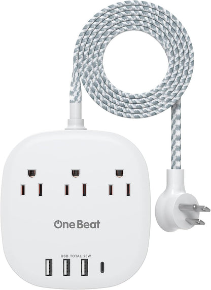PD 20W USB C 3 Outlet 4 USB Ports Flat Plug Power Strip No Surge Protector for Cruise Ship Travel, 5 ft Long Extension Cords, Power Delivery, Desktop Power Strip for Dorm Home Office