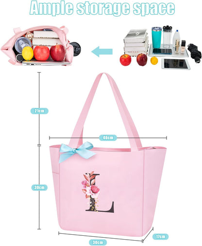 Vavabox Tote Bag, A-Z Initial Monogrammed Waterproof Tote Bag, Bridesmaid Gifts for Women, Black and Pink