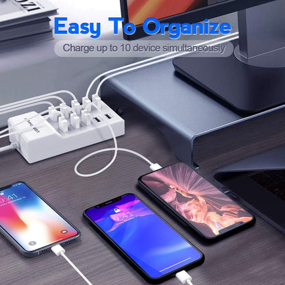 USB Charger Station Block with Rapid Charging Auto Detect Technology Safety Guaranteed 10-Port Family-Sized Smart USB Ports for Multiple Devices Smart Phone Tablet Headphones