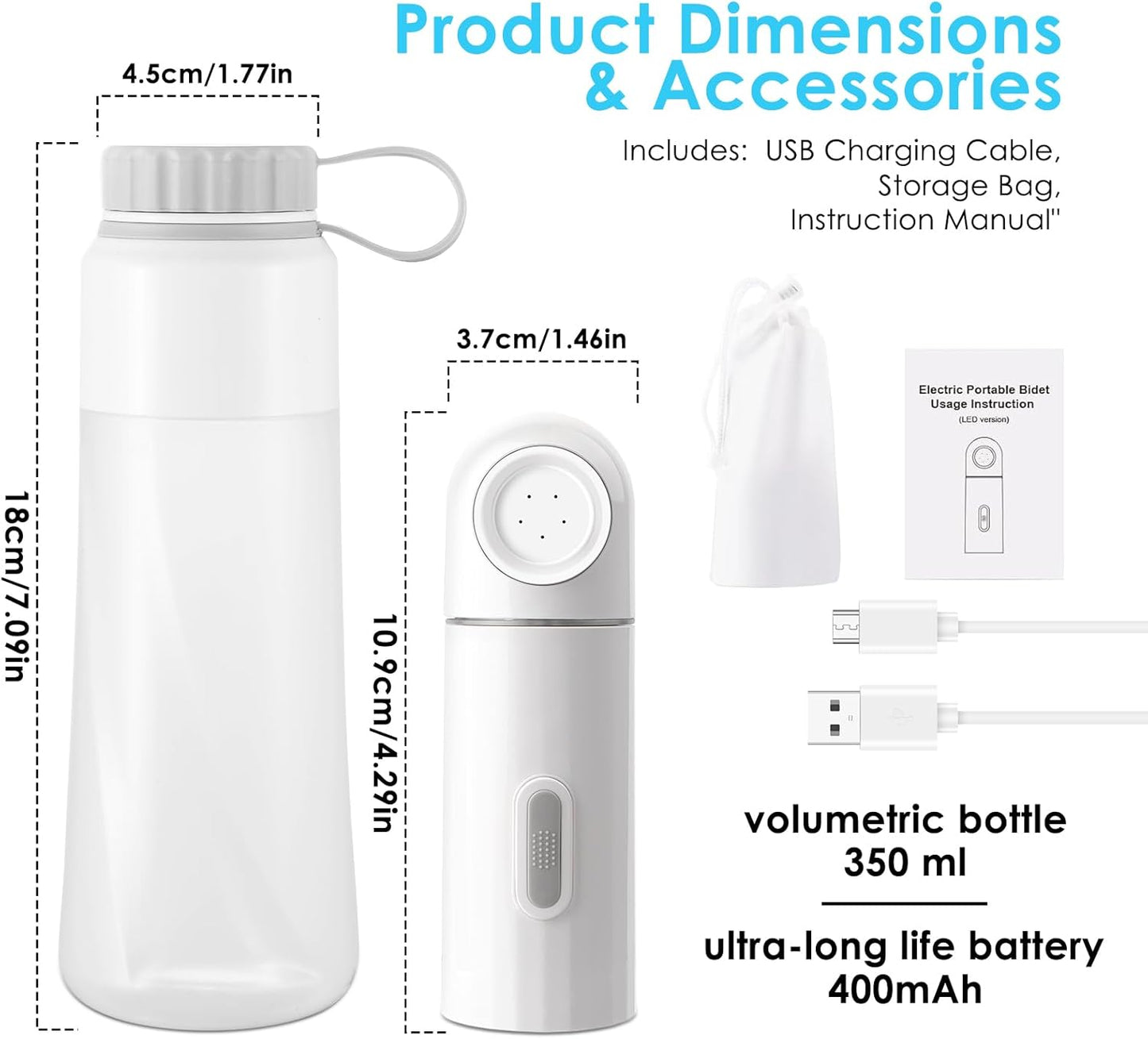 Portable Electric Travel Bidet, 350ML Electric Sprayer Bidet with Built-in Body for Easy Storage, Two Pressure Modes for Personal Hygiene Cleaning for Women and Men , White