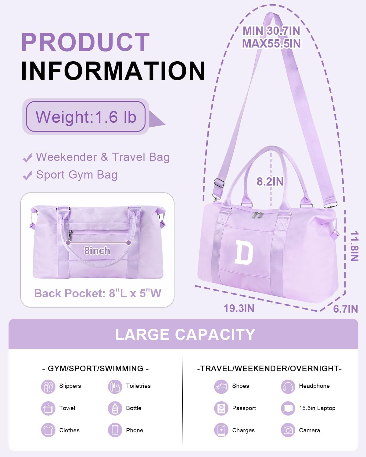 Daughter Niece Gifts for Teen Girl Kids, Initial Travel Duffel Bag Sports Gym Bag Personalized Gifts Weekender Bag，Monogram Overnight Bag Cute Dance Bag Birthday Bridesmaid Gifts for Women(Purple, D)