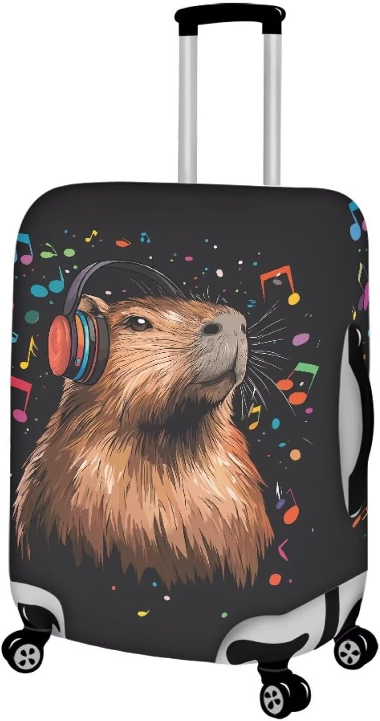 Capybara Luggage Cover Fits 22-25 Inch Luggage Anti-Scratch Spandex Zipper Suitcase Cover Protector Washable Stretchable Travel Baggage Case Cute Travel Essential, Music Note, Size M