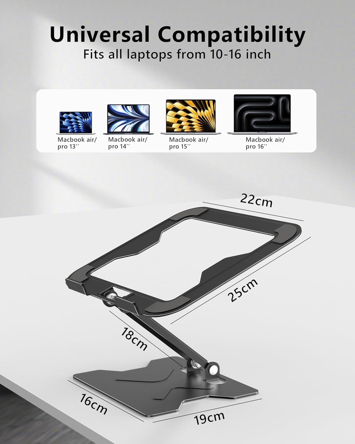 Adjustable Laptop Stand for Desk, Metal Foldable Laptop Riser, Portable Laptop Holder Mount, Ventilated Cooling Computer Notebook Stand for MacBook Air Pro, All 10-16'' Notebooks Laptops, Black