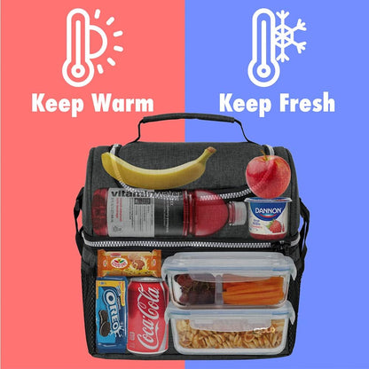 OPUX Lunch Box For Men Women, Insulated Large Double Decker Lunch Bag, Charcoal Gray, 10x7.5x10 Inches
