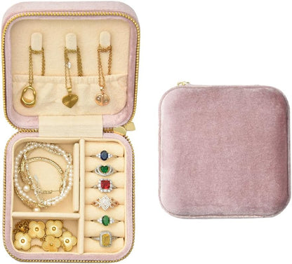 TAIMY Plush Velvet Travel Jewelry Box, Small Travel Jewelry Case, Portable Mini Jewelry Travel Organizer Boxes for Rings Earrings Necklaces Bracelets(Pink Lavender,No Mirror)