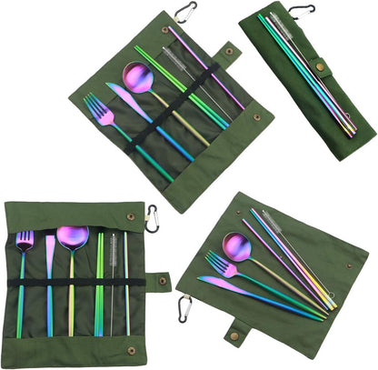 Gugrida Reusable Travel Utensils, 7 Piece Portable 304 Stainless Steel including Knife Fork Spoon Chopsticks Cleaning Brush Straws Portable Pouch, Eco-friendly Camping Silverware Set, Dishwasher Safe