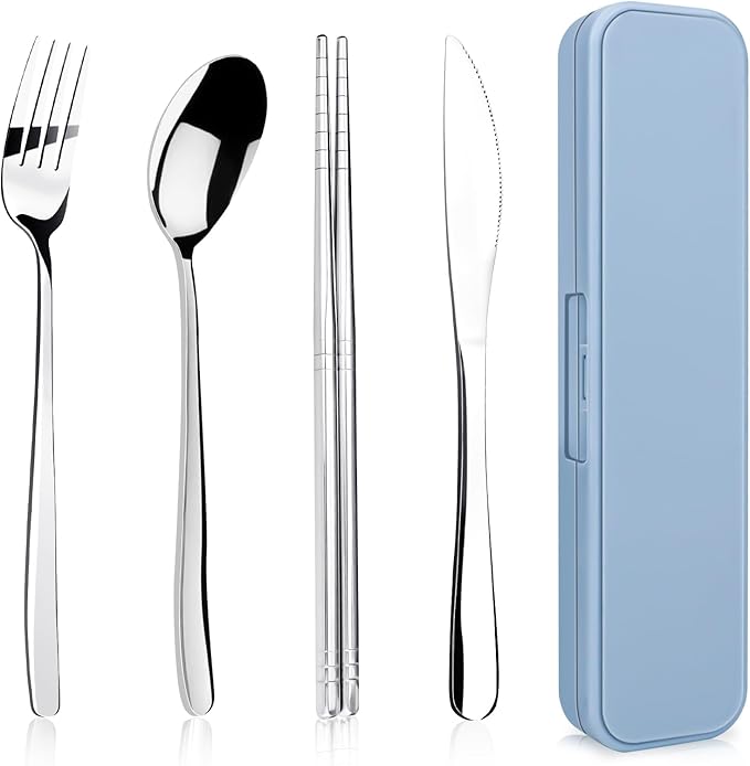 5 Piece Rsiynax Portable Travel Utensils Set with Case, Premium 304 Stainless Steel Camping Utensils Set, Reusable Silverware for Camping, Lunch, Work, School, etc, Easy to Clean (Silver)