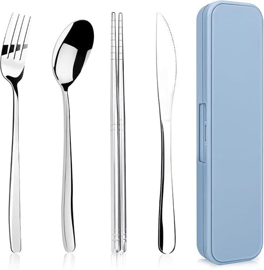 5 Piece Rsiynax Portable Travel Utensils Set with Case, Premium 304 Stainless Steel Camping Utensils Set, Reusable Silverware for Camping, Lunch, Work, School, etc, Easy to Clean (Silver)