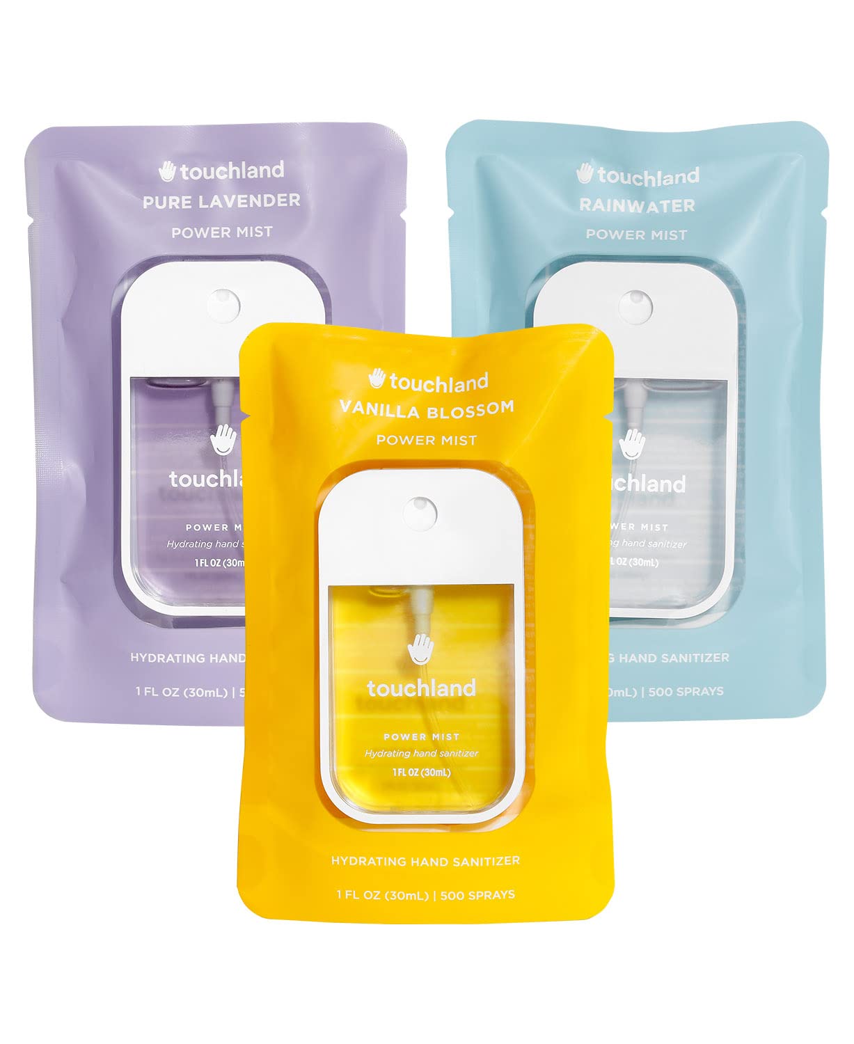 Touchland Power Mist Hydrating Hand Sanitizer Spray, BLOSSOM Trio Set (Lavender, Vanilla, Rainwater), 1 FL. OZ. Travel Size (Set of 3)