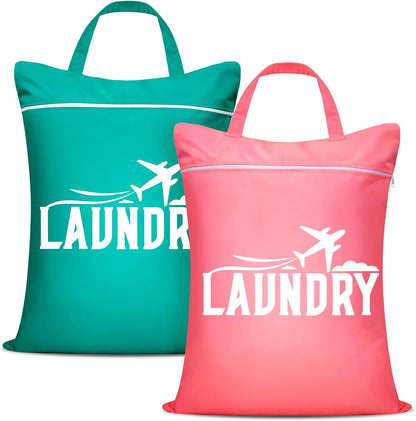Fiodrimy 2 Pcs Large Travel Laundry Bags - Washable Waterproof Wet Dry Bags for Dirty Clothes, Swimsuits, Workout & Gym Clothes - Pink & Blue