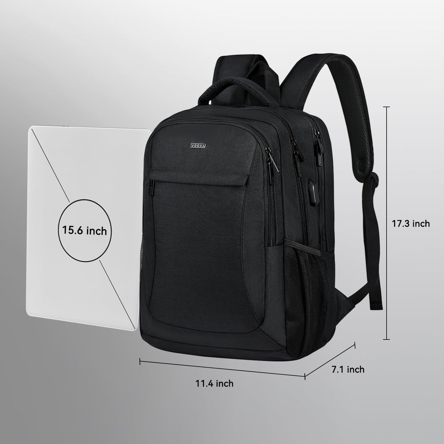 Voova Travel Laptop Backpack, Business Work Laptop Backpack for Women & Men with USB Charging Port, Waterproof Slim Durable College Computer Bag Fits 15.6 Inch Laptops and Notebook, Black
