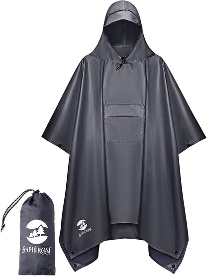 SaphiRose Extra Thick Hooded Rain Poncho Double Layer Waterproof Raincoat Jacket for Men Women Adults