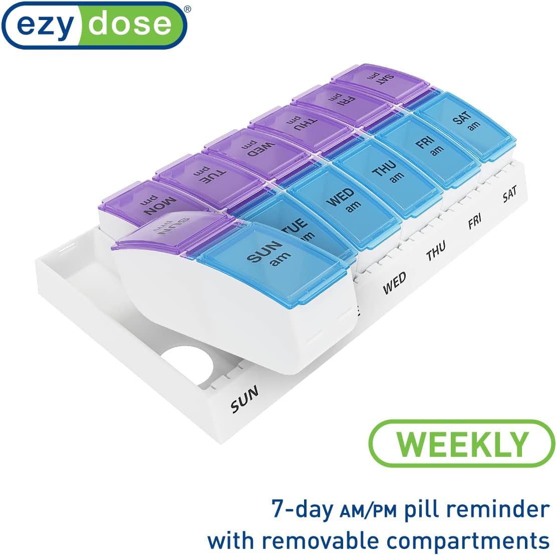 EZY DOSE Weekly (7-Day) AM/PM Pill Organizer, Vitamin and Medicine Box, Large Pop-out Compartments, 2 Times a Day, Blue and Purple Lids