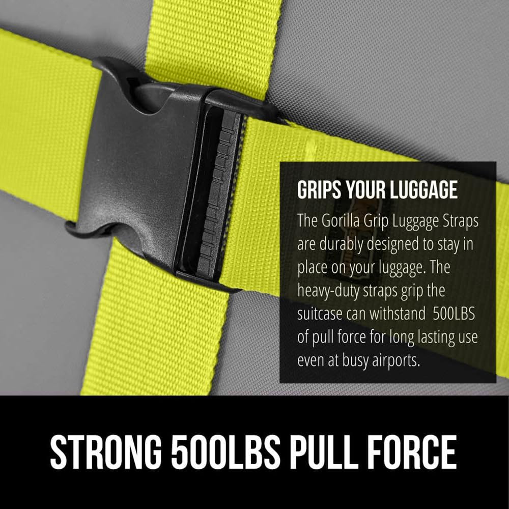 GORILLA GRIP Heavy Duty 4 Pack Adjustable Luggage Straps for Suitcases, Easy to Identify Travel Belt Connector Holds Suitcase Together, Extends Life of Bag, Strap Connects Two Bags, Accessories Yellow