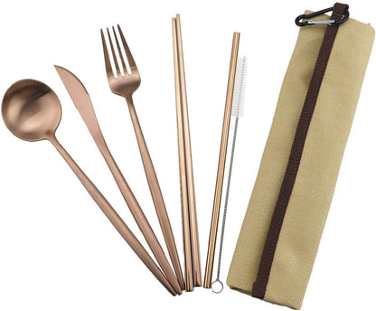 Gugrida Reusable Travel Utensils, 7 Piece Portable 304 Stainless Steel including Knife Fork Spoon Chopsticks Cleaning Brush Straws Portable Pouch, Eco-friendly Camping Silverware Set, Dishwasher Safe