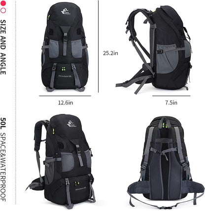 Bseash 50L Hiking Backpack, Water Resistant Lightweight Outdoor Sport Daypack Travel Bag for Camping Climbing Skiing Cycling (Black - No Shoe Compartment)