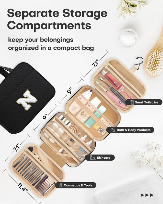 HOTOR Travel Toiletry Bag - Personalized Chenille Initial Makeup Bag, Water-Resistant Personalized Gifts for Women, Portable Travel Accessories & Essentials, Letter N, Black, 11.4"×9.0"×3.35"