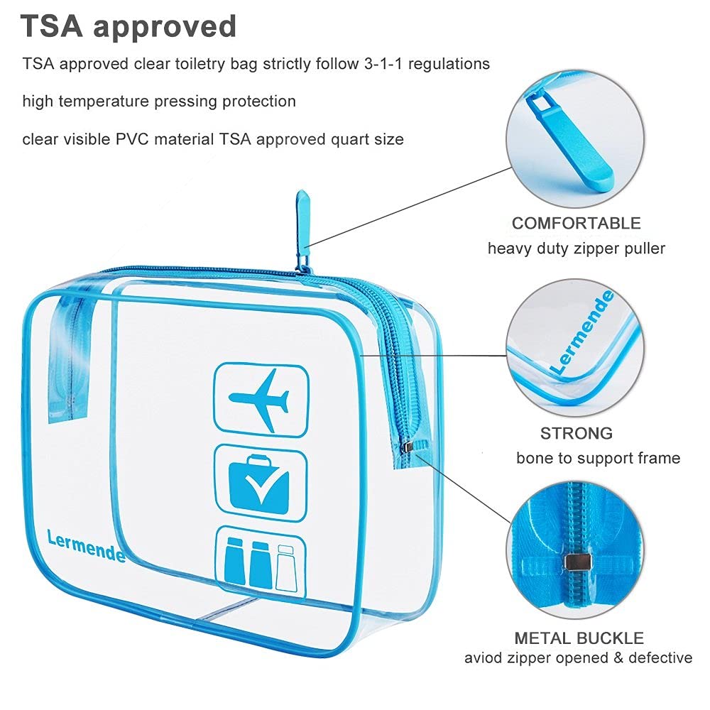Lermende 2pcs Clear Toiletry Bag TSA Approved Travel Bag,Carry On for Travel,Airport Airline Accessories Compliant Bag,Quart Sized Makeup Cosmetic bag Women Men (Blue, 3 Pack)