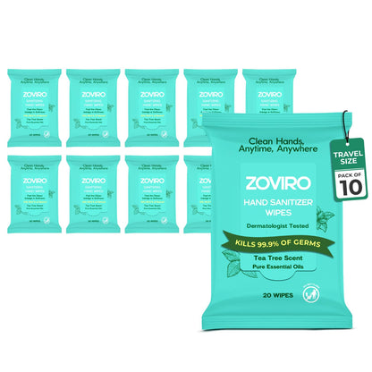Zoviro Hand Sanitizer Wipes, Moisturizing With Tea Tree Essential Oil, Ultra-Soft 100% Viscose, Hand Wipes Travel Size, Tea Tree Scent, 20 Count (Pack of 10)