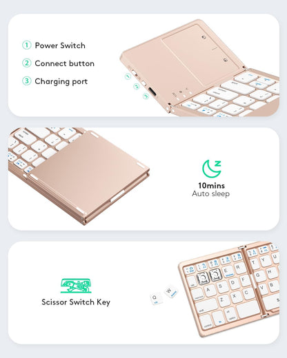 Samsers Foldable Bluetooth Keyboard with Touchpad - Portable Wireless Keyboard with Holder, Rechargeable Full Size Ultra Slim Pocket Folding Keyboards for Android Windows iOS Tablet & Laptop - Pink