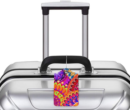 Colorful Mandala Style Luggage Tags Bright Red Bag Tag with Full Back Privacy Cover Name ID Card Stainless Steel Loop Suitcase Labels Address Card PU Leather Baggage Tags Luggage for Travel, 2 Pcs
