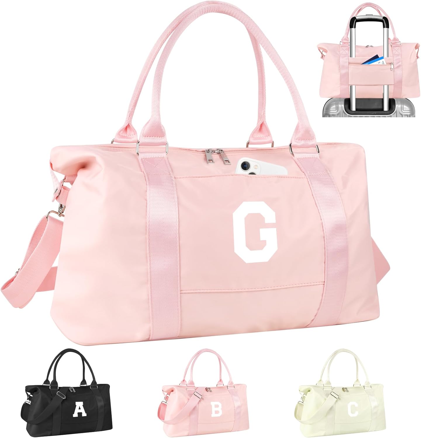 Initial Travel Duffel Bag Sports Gym Bag for Girls Teen Birthday Gifts,Pink Personalized Weekender Bag Carry On Tote Bags for Women Men,Waterproof Overnight Luggage Bag with Trolley Sleeve(Letter G)