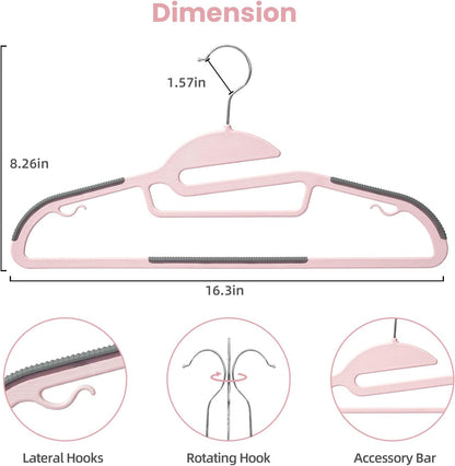 BAGAIL Plastic Hangers 50 Pack with Non-Slip Design,0.2 Inches Thick, 360°Swivel Hook Space Saving Organizer for Bedroom Closet,Shirts,Pants(Pink- S Shaped)