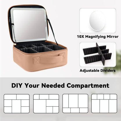 Travel Makeup Bag with LED Mirror and 10x magnifying glass with 3 Lighted Settings, Adjustable Dividers and Makeup Brush Storage Bag Khaki