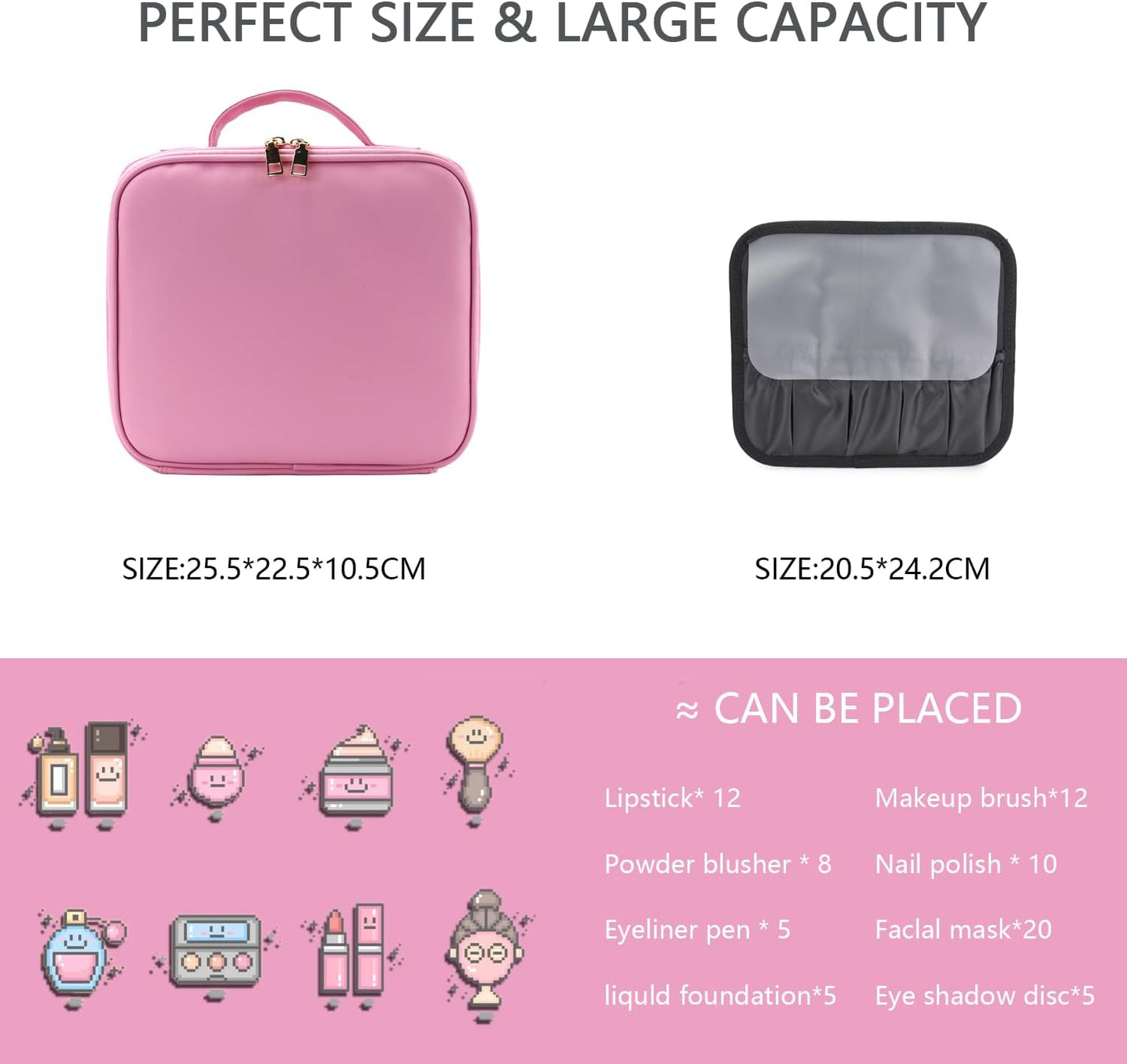 Makeup Bag with Led Mirror,Travel Makeup Organizer with 3 Color Setting, Portable Storage and Adjustable Dividers Travel Makeup Bag(Dark Pink)