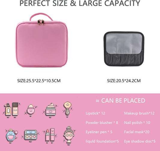 Makeup Bag with Led Mirror,Travel Makeup Organizer with 3 Color Setting, Portable Storage and Adjustable Dividers Travel Makeup Bag(Dark Pink)