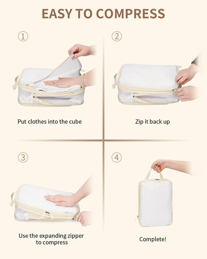 ECOHUB 6 Set Compression Packing Cubes, Lightweight Beach Vacation Travel Essentials Durable Travel Accessories for Suitcase Carry On Luggage Organizer Bags with YKK Zippers Shoe Bag, Beige
