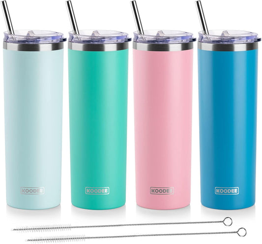 koodee 20 oz Stainless Steel Skinny Tumbler(4 Pack) Double Wall Insulated Water Tumbler Cup with Lids, Straws and Straw Brushe（Baby Blue/Pink/Sky Blue/Teal）