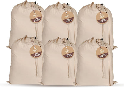 LFH Home Large Premium 100% Cotton Canvas Laundry Bag with Drawstring and Handles Heavy Duty, Multi-Use, and Washable for Home, Travel, College or Storage 24x36 (Pack of 6)-Natural