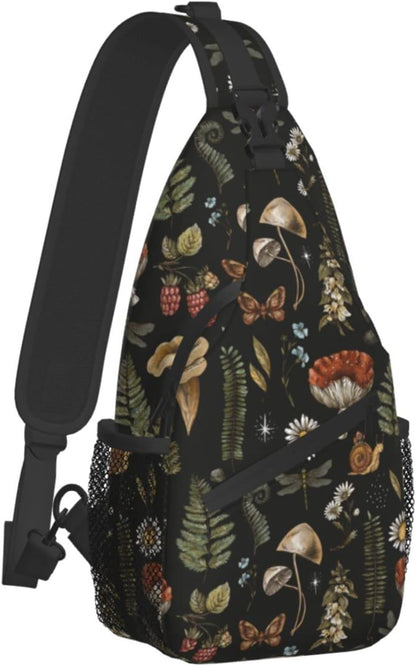 SUPLUCHOM Sling Bag Vintage Mushroom Leaf Forest Hiking Daypack Crossbody Shoulder Backpack Travel Chest Pack for Men Women Over 12 Years Old