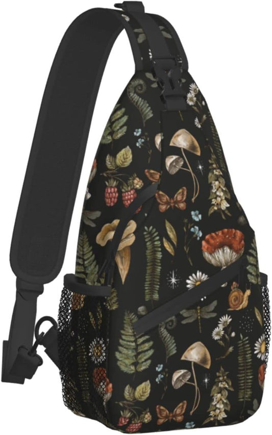 SUPLUCHOM Sling Bag Vintage Mushroom Leaf Forest Hiking Daypack Crossbody Shoulder Backpack Travel Chest Pack for Men Women Over 12 Years Old