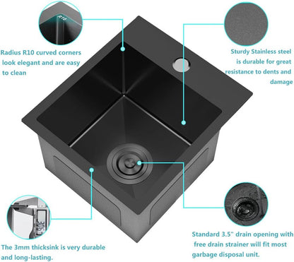 ARTLINE 15 x 20 Inch Black Drop in Bar Sink, Stainless Steel Single Bowl Kitchen Sink, Small Topmount 9 Inch Deep Wet Bar sink for Outdoor Prep RV Yard Laundry Utility with Dish Grid & Drain