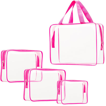 4Pcs Crystal Clear PVC Travel Toiletry Bag Kit for Women Men, Waterproof Vinyl Packing Organizer Storage Bags with Zipper Handle Straps, Cosmetic Pouch Carry on Airport Airline Compliant Bag Handbag