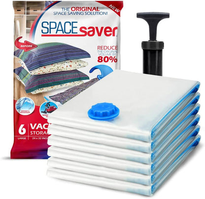 6 Pack Large Vacuum Storage Bags for Comforters, Blankets & Clothes – Vacuum Sealed Compression Bags with Hand Pump – Space Saver Storage Bags for Bedding, Moving, Travel & Organization
