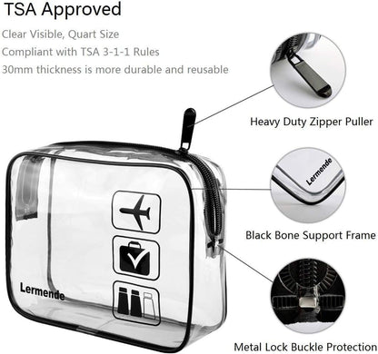 Lermende 2pcs Clear Toiletry Bag TSA Approved Travel Bag,Carry On for Travel,Airport Airline Accessories Compliant Bag,Quart Sized Makeup Cosmetic bag Women Men (Black, 5 Pack)