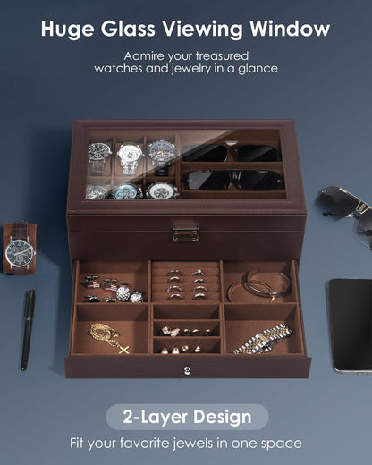 Watch Jewelry Box Organizer, 6-Slot 2-Layer Watch Case and Sunglasses Storage with Large Glass Lid, Men's Jewelry Box with Lock, Watch Holder Display Case, Gift for Men Women