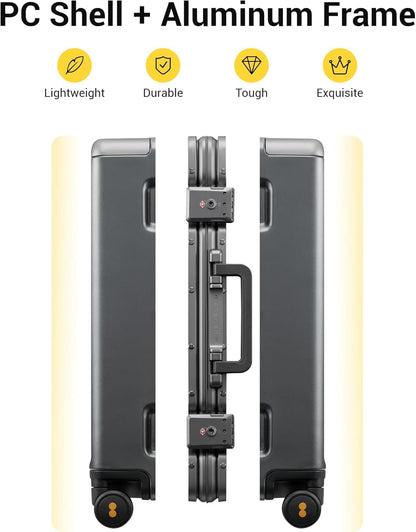 LEVEL8 Zipperless Carry On Luggage Airline Approved with Aluminum Frame, Hard Shell Suitcase with Spinner Wheels, Metal Checked Luggage with Packing Organizers, 20 Inch, Grey