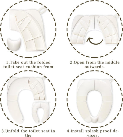 Portable Toilet Seat for Kids, Foldable Universal Fit Potty Training Seat with Anti-Slip Base & Splash Guard Travel Toilet Seat with Storage Bag, Easy Clean-White