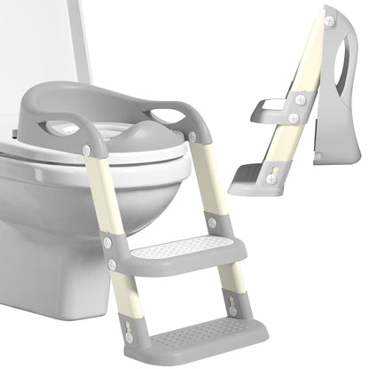 Potty Training Seat with Step Stool Ladder, Adjustable Foldable Potty Seat for Toilet with Anti-Slip Pads Ladder for Kids Boys Girls Toddlers - Grey