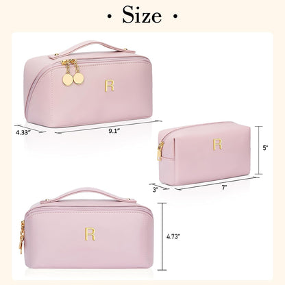 Birthday Gifts for Women Teen Girl, Personalized Initial Makeup Organizer Bag Set, Open Flat Travel Cosmetic Bag With Clear Divider and Handle(Pink,R)