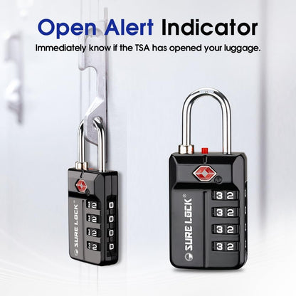 SURE LOCK TSA Approved 4-Digit Resettable Combination Luggage Lock with Open Alert, Easy-Read Dials - for Luggage, School Lockers, Gym, Office, Toolbox & Security Cases (Black 1 Pack)